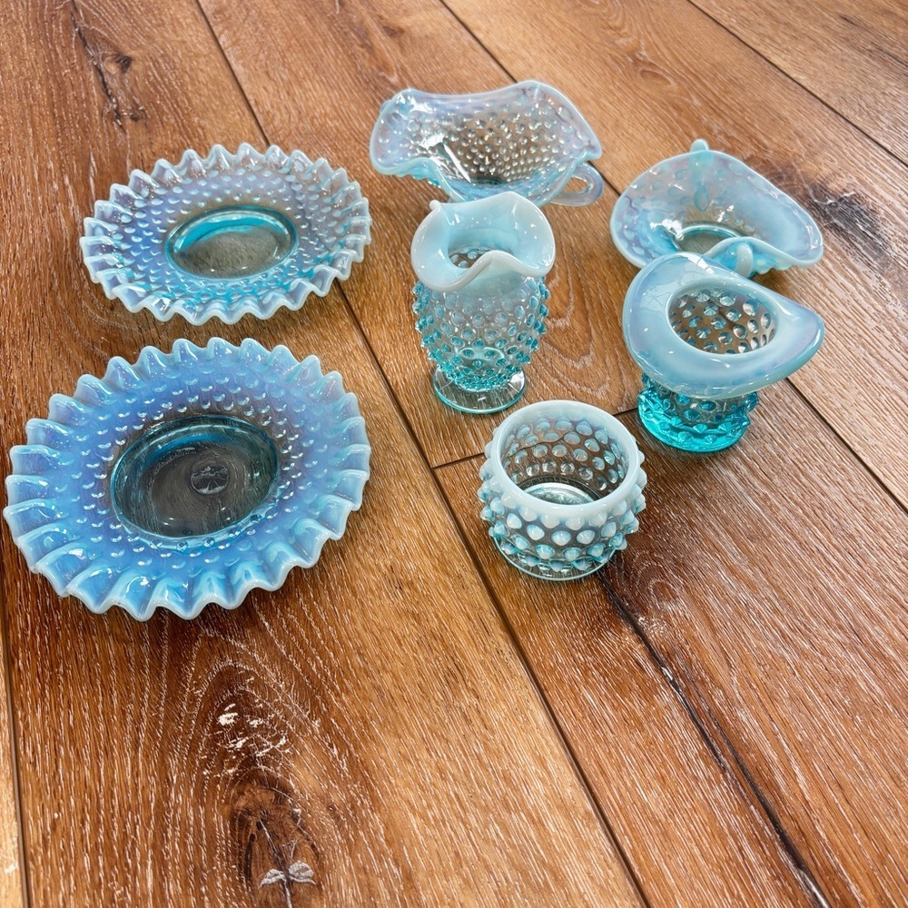 VTG Fenton Blue Opalescent Hobnail 7 pc lot Trinket Candy Dishes Votive Bud Vase - Picture 10 of 16